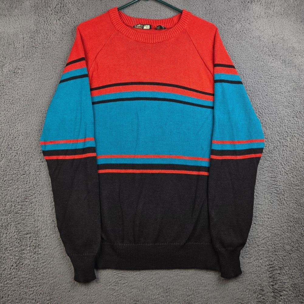 Vintage Acrylic Sweater Men's Large Color Block Striped Black Blue Red Grandpa